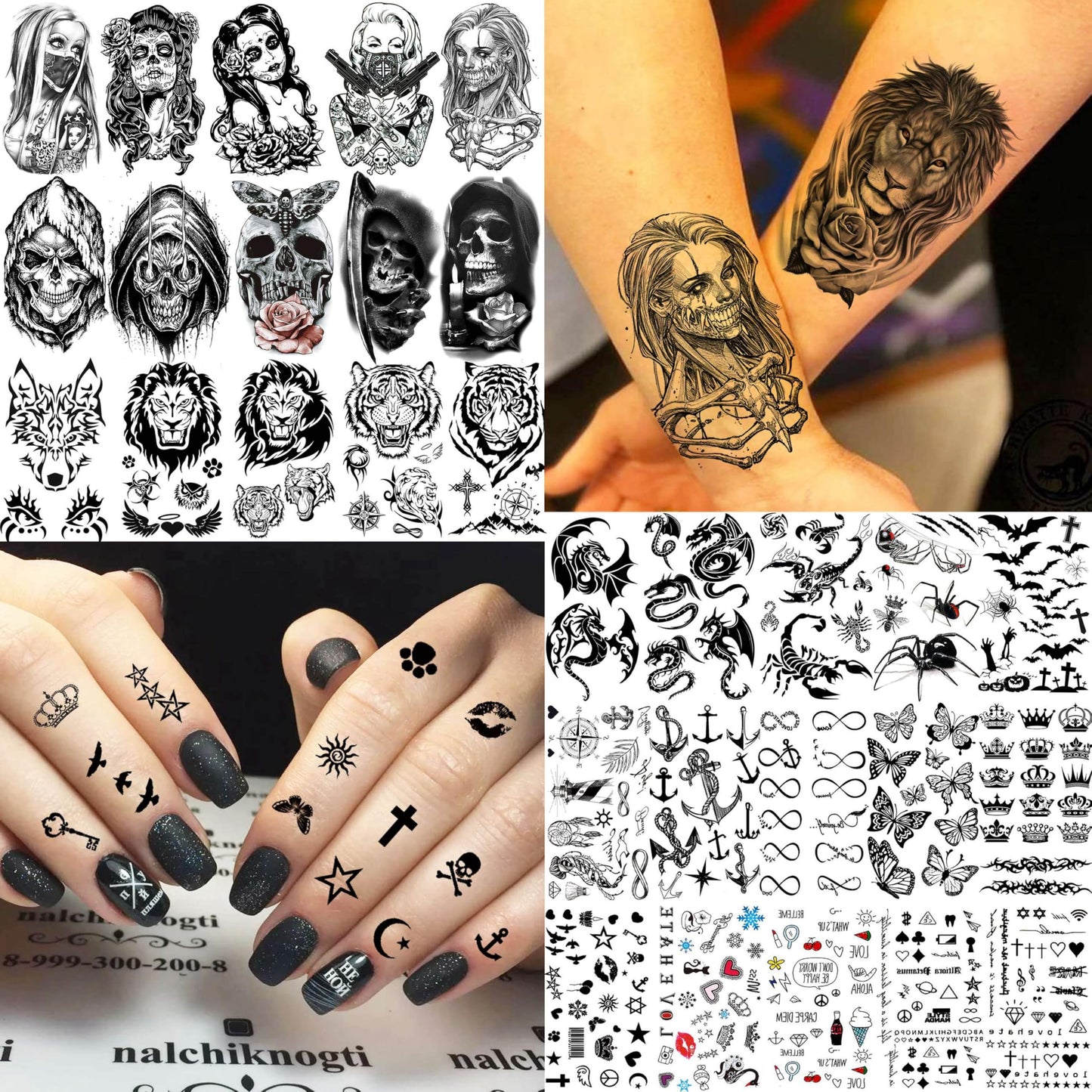 60 Sheets 3D Cool Lion Tiger Temporary Tattoos For Men Women Arm Finger Hands, Small Scary Devil Skull Skeleton Fake Tattoos For Adult Teens Halloween, Black Wolf Dragon Realistic Tatoo Sticker