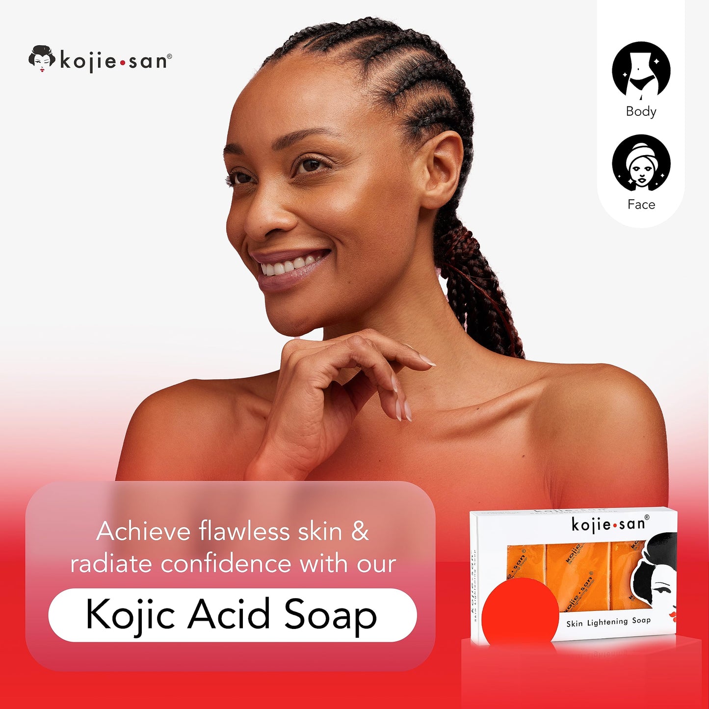 Kojie San Skin, Body, and Facial Brightening Soap - Original Kojic Acid Soap, Dark Spot Remover Bar Soap with Coconut & Tea Tree Oil - 65g x 3 Bars