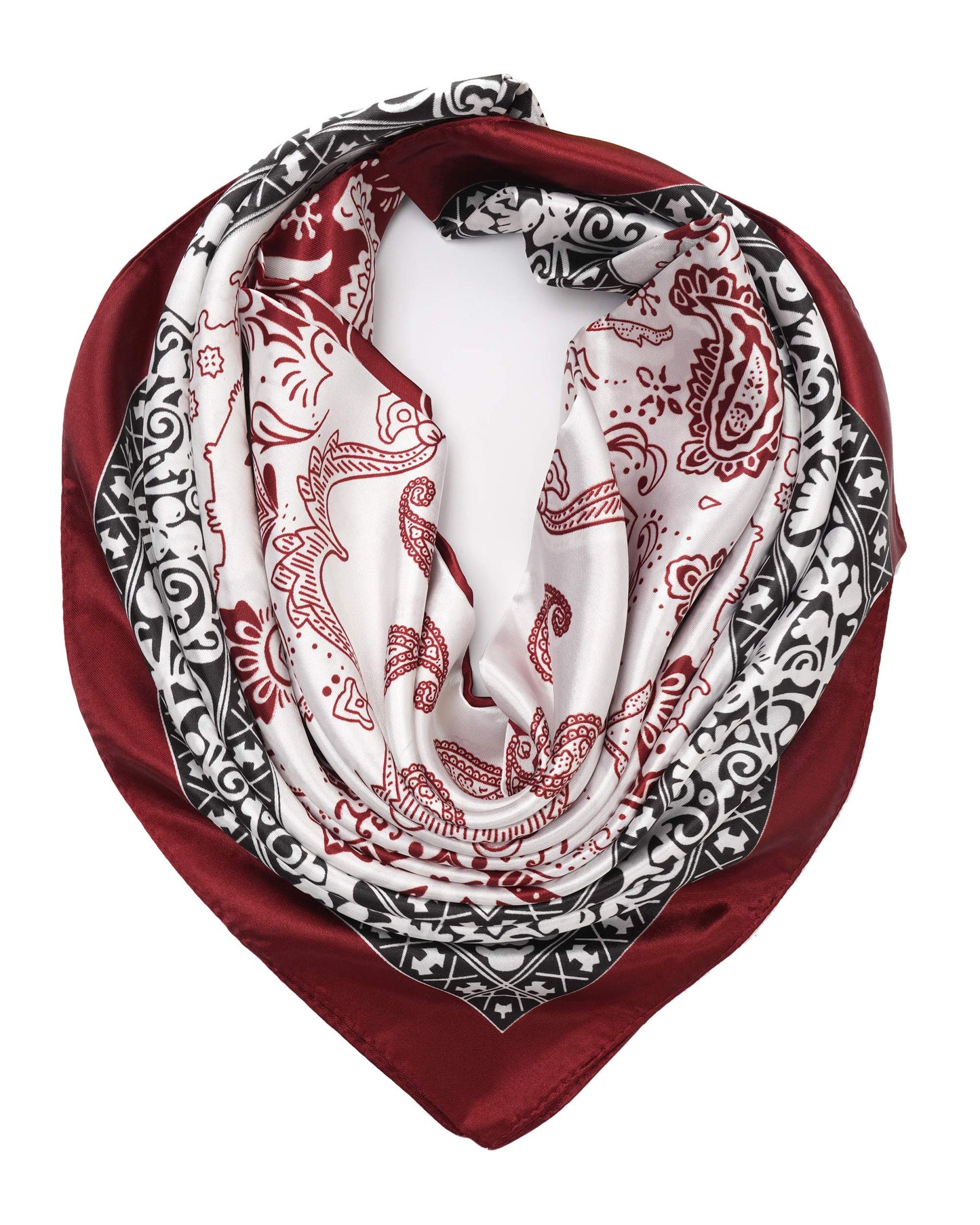 YOUR SMILE Silk Like Scarf Women's Fashion Pattern Large Square Satin Headscarf (Burgundy Bandanna)