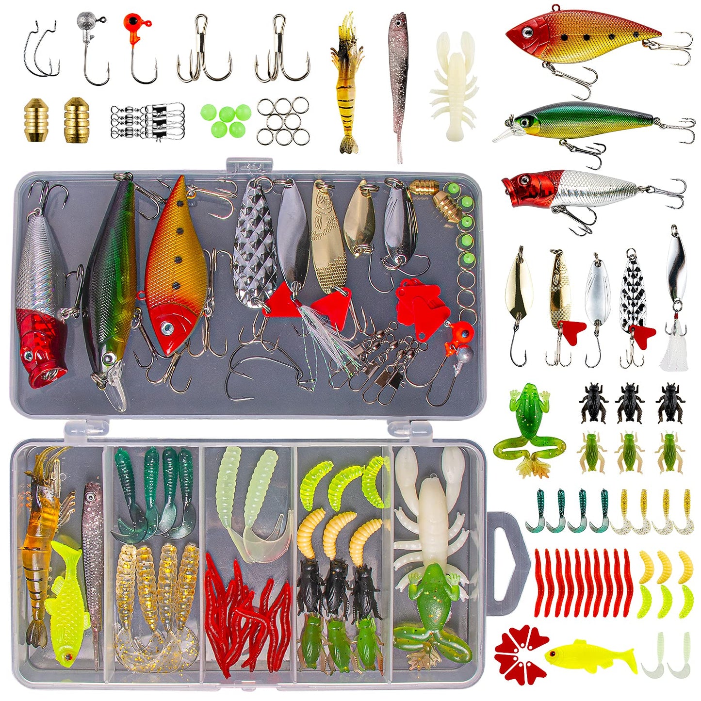 Kit de señuelos de pesca GOANDO para agua dulce Kit de aparejos de cebo para lubina Trucha Salmón Accesorios de pesca Caja de aparejos que incluye señuelos de cuchara Gusanos de plástico blando Crankbait Jigs Anzuelos