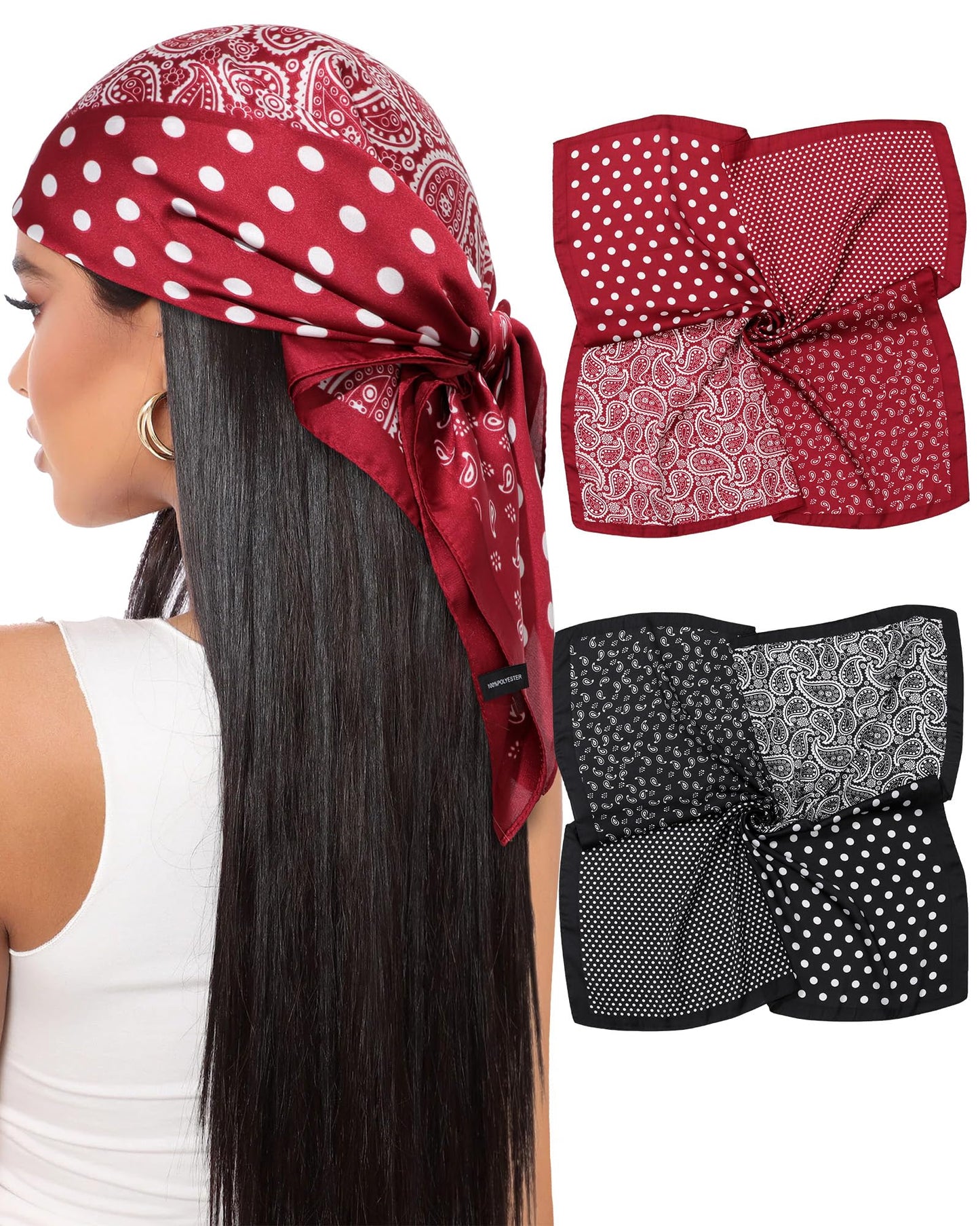 AWAYTR Foulard en satin pour femme 27,5" comme foulard en soie Bandanas pour cheveux Femmes 2 pièces Foulard en satin Foulard pour cheveux (pois - noir + rouge)