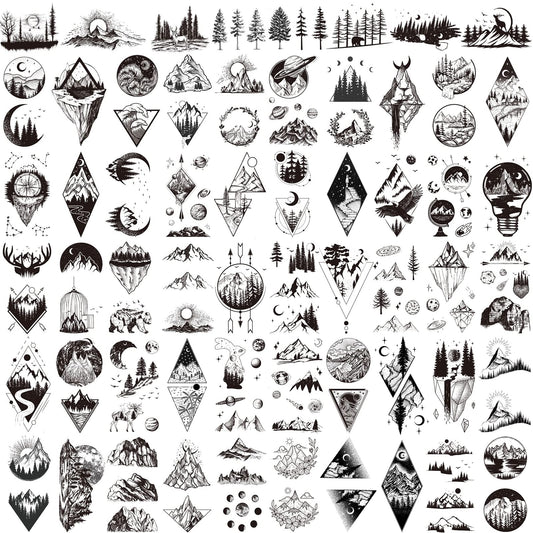 Hotoyannia 62 Sheets Mountain Temporary Tattoos Stickers, Including Fake Tattoos Waterproof Black Geometry Sun Star Moon Tree Triangle Sea Wave Semi Permanent Tattoos for Adult and Kids