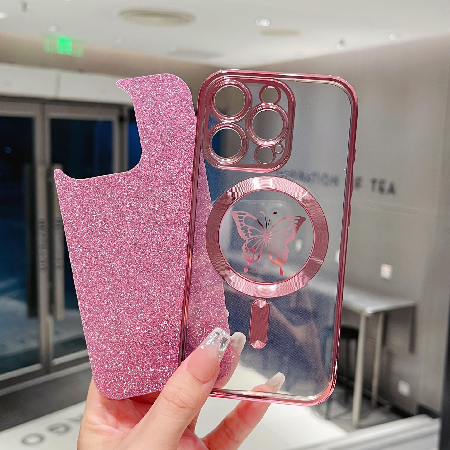 Funda para iPhone 16 Pro (6,3 pulgadas, 2024), compatible con MagSafe, diseño de mariposas de lujo con purpurina para mujeres y niñas, funda suave a prueba de golpes para teléfono, color rosa