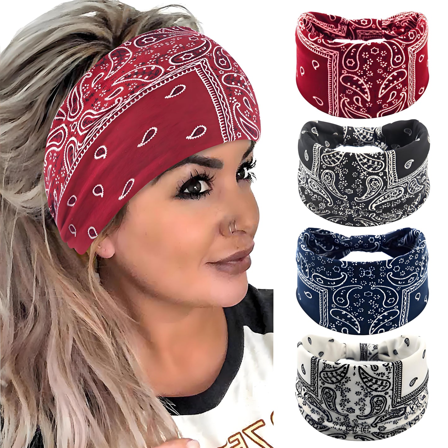 Bandeaux noués larges BOHO Accesyes Bandeaux de yoga Bandeaux de sport Bandeau épais pour la tête africaine Bandes extensibles Écharpe pour cheveux Grand bandana antidérapant Lot de 4 (noix de cajou, taille unique)