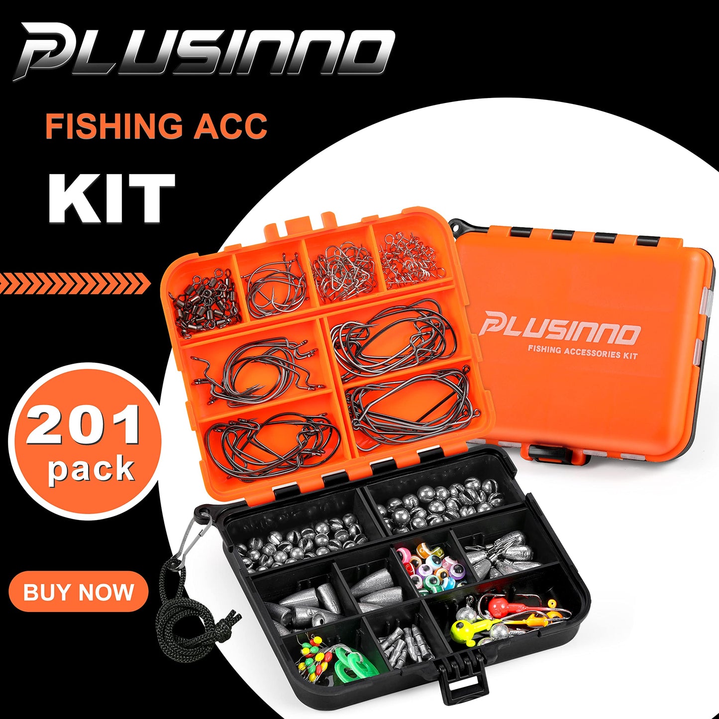 PLUSINNO - Kit de accesorios de pesca de 201 piezas, caja de aparejos de pesca con aparejos incluidos, anzuelos de pesca, pesas de pesca, perdigones redondos, equipo de pesca para lubina, trucha y bagre