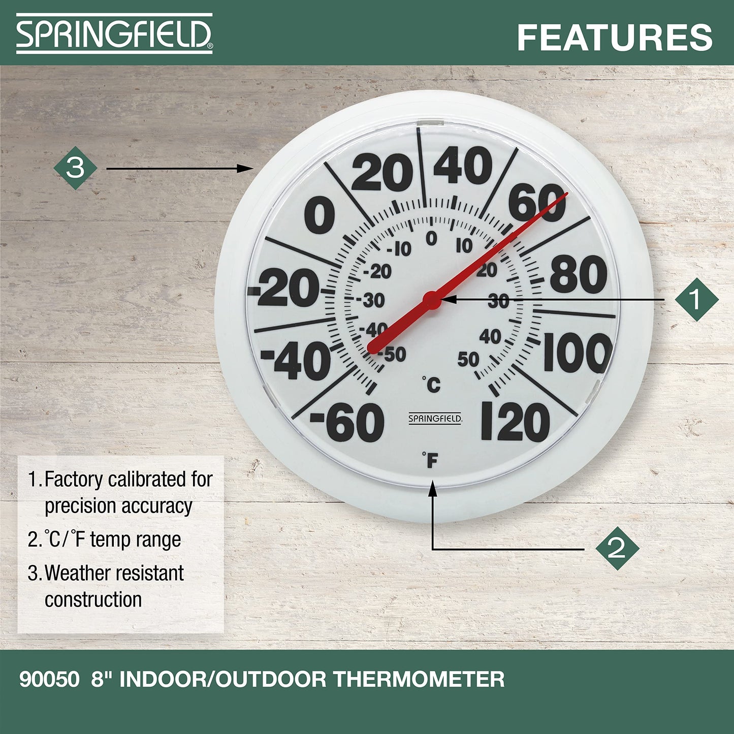 Thermomètre d'intérieur et d'extérieur Springfield à grand cadran, thermomètre sans fil avec grands chiffres faciles à lire pour terrasse, piscine et espaces intérieurs, 8 pouces, blanc