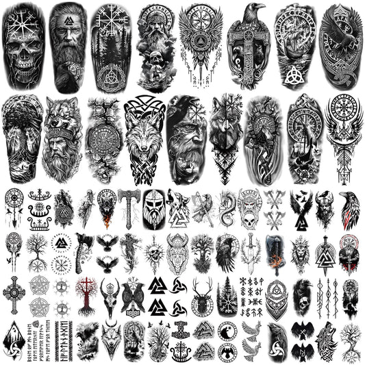 Viking Temporary Tattoos for Adults, 77 Sheets Viking Pirate Fake Tattoos for Men and Women, Black Large Tattoo Stickers for Body Makeup