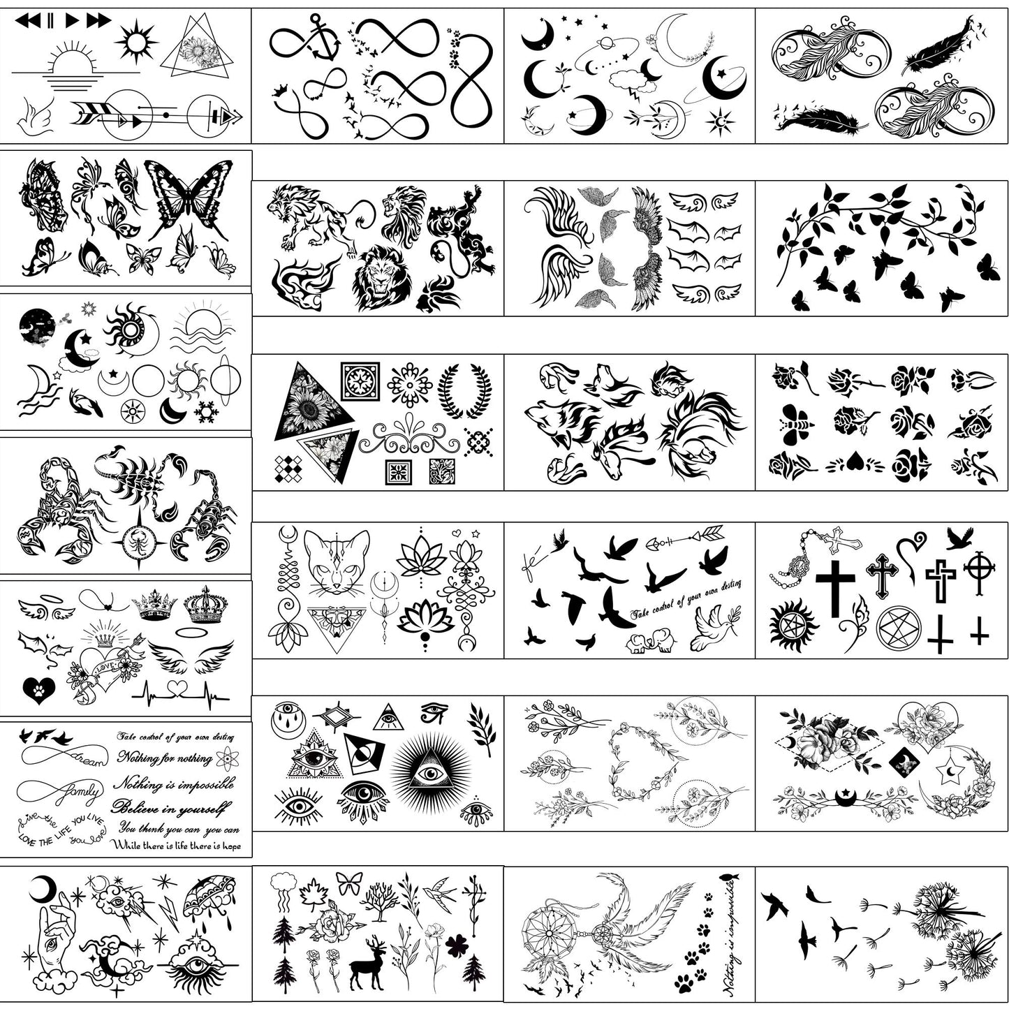 Yazhiji Tiny Waterproof Temporary Tattoos - 60 Sheets, Moon Stars Constellations Music Compass Anchor Words Lines Flowers for Kids Adults Men and Women