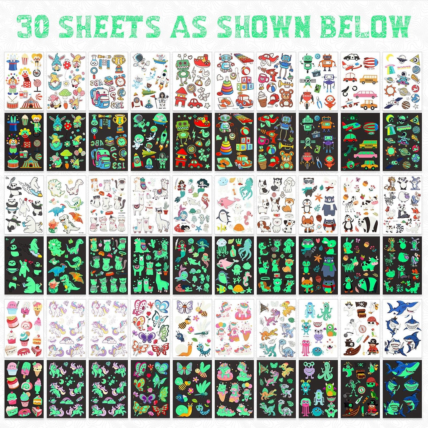 Sinmoe 30 Sheets 400 Pieces Glitter Temporary Tattoos for Kids Waterproof Butterfly Mermaid Unicorn Cartoon Stickers Glow Tattoo for Girls Birthday Party Favors Goodie Bags Fillers(Luminous Pattern)