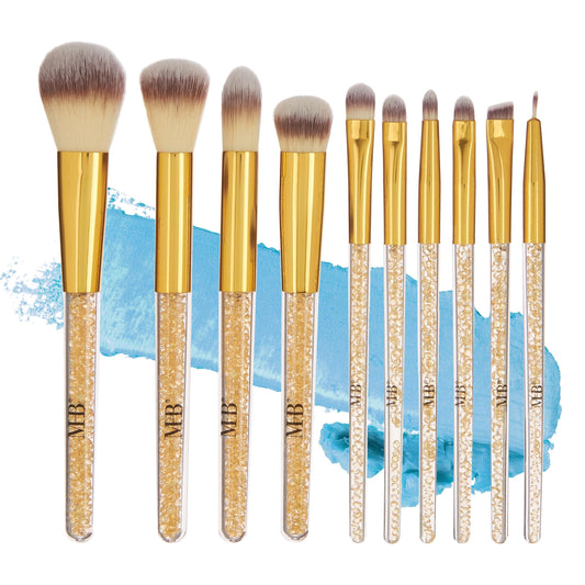 Expressions 10pc Pro Makeup Brush Set w/Sparkling Gemstones in Gold - 10 Quality Soft Bristle Makeup Brushes For Everyday Use - Professional Makeup Brushes & Tools