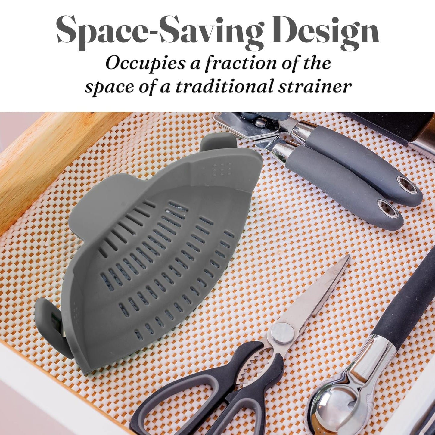 Kitchen Gizmo Snap N' Strain - Silicone Pasta Strainer Clip-On for Pots and Pans - Heat Resistant Colander for Vegetables and Noodles - Kitchen Gadgets for Cooking - Space-Saving Design - Grey