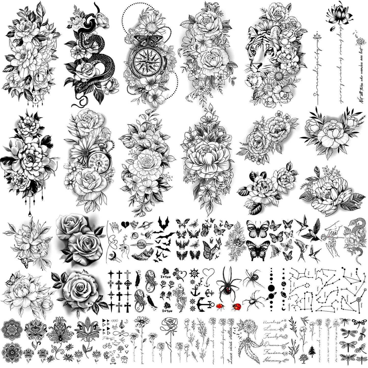 Yazhiji 49 sheets Large Sexy Flowers Collection Waterproof Temporary Tattoos Lasting Fake Tattoos for Women and Girls