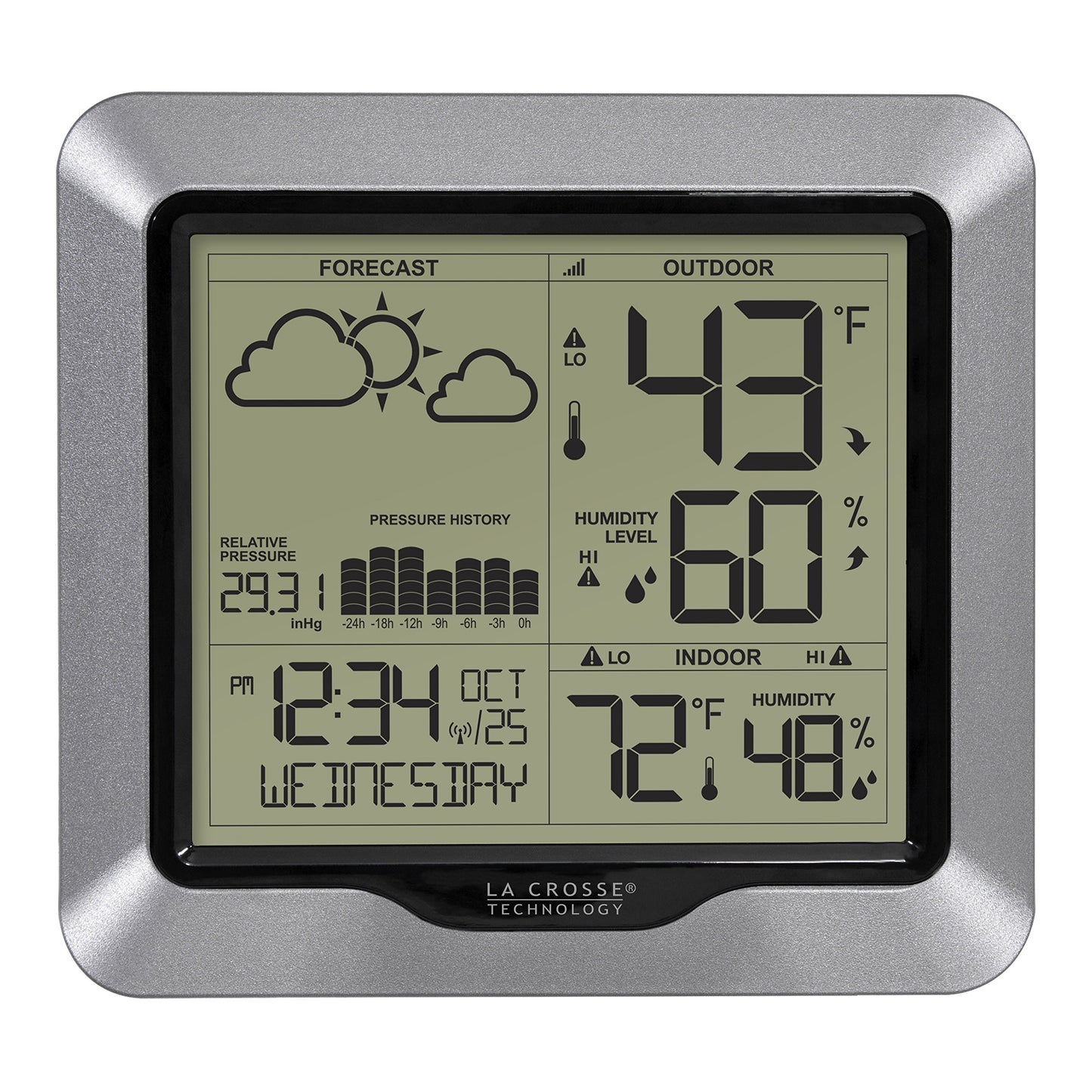 Estación meteorológica inalámbrica avanzada de La Crosse Technology: íconos dinámicos, presión barométrica, hora atómica, indicador de temperatura y humedad, grabación, pantalla elegante, recepción rápida y largo alcance (330 pies)