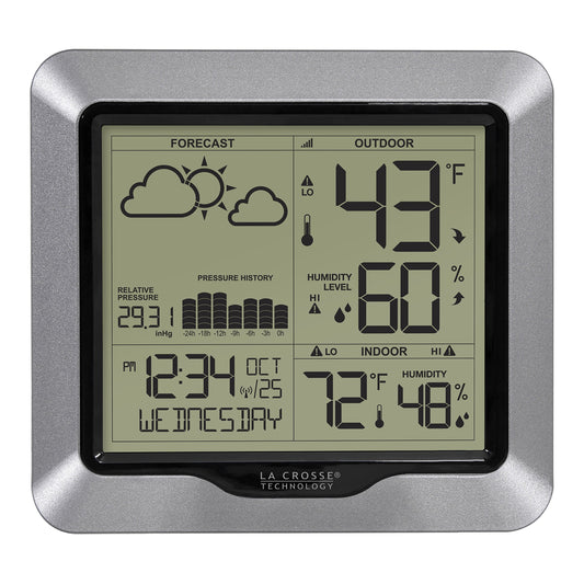 Station météo sans fil avancée de La Crosse Technology : icônes dynamiques, pression barométrique, heure atomique, jauge de température/humidité, enregistrement, affichage élégant, réception rapide et longue portée (330 pieds)