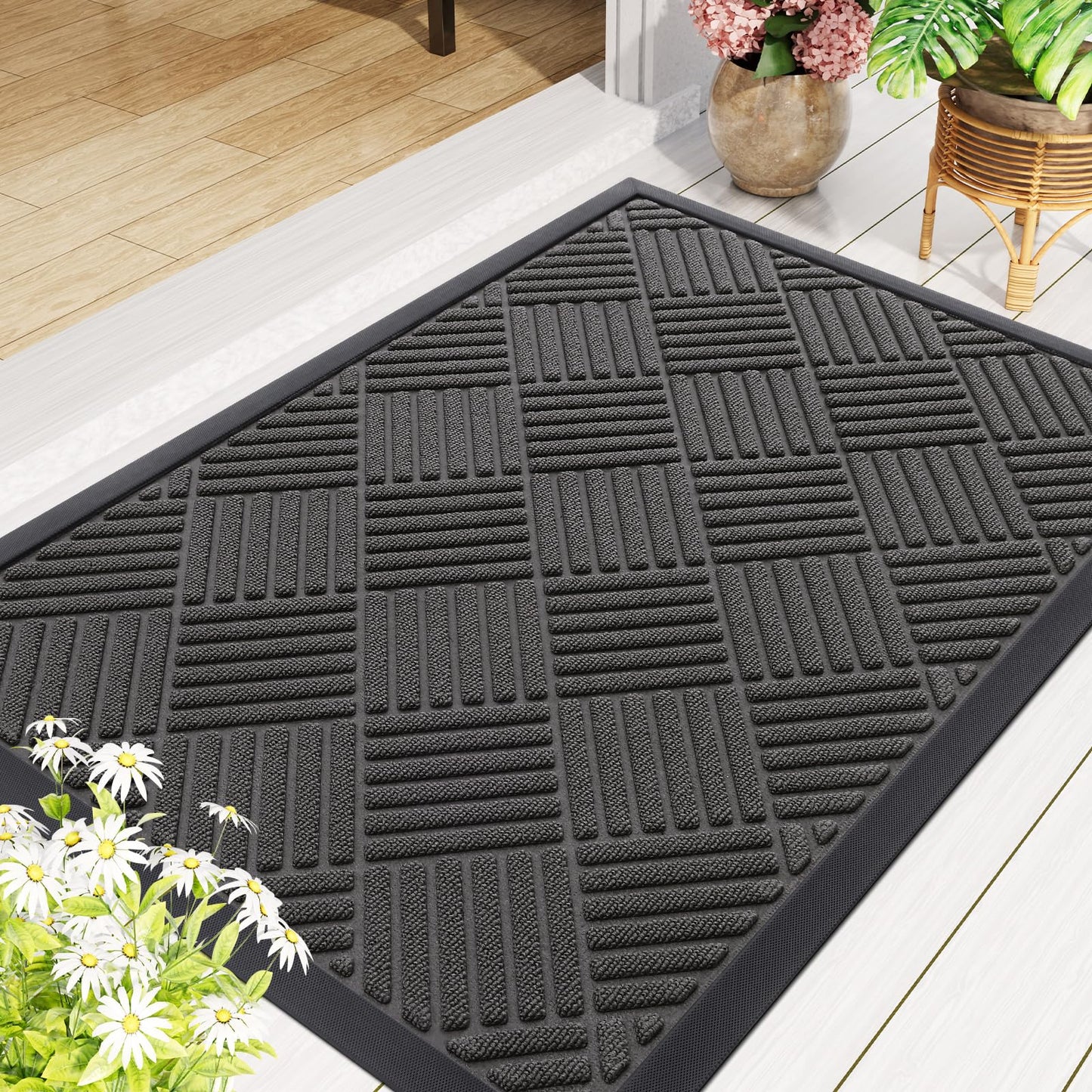 Smiry Front Door Mat Outside Entrance, Heavy Duty Outdoor Indoor Mat, Natural Rubber Doormat, Non Slip, Trap Dirt and Moisture, Easy Clean, Low Profile Patio Porch Entryway Mat, 29.5x17, Grey