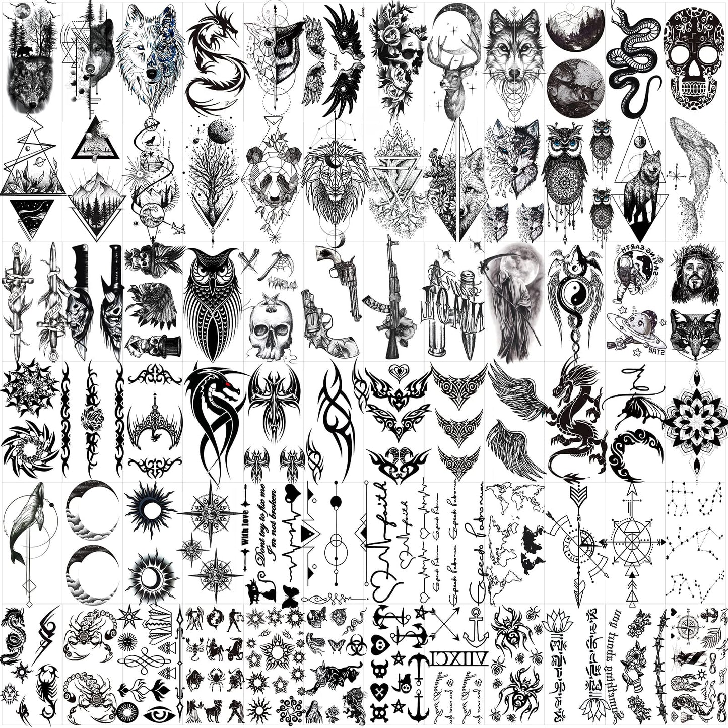 Hotoyannia Lot de 72 feuilles de petits tatouages ​​temporaires pour Halloween, faux tatouages ​​qui semblent réels et durent longtemps, les tatouages ​​d'Halloween comprennent des tatouages ​​de crâne de squelette de tigre, de lion et de loup noirs effrayants