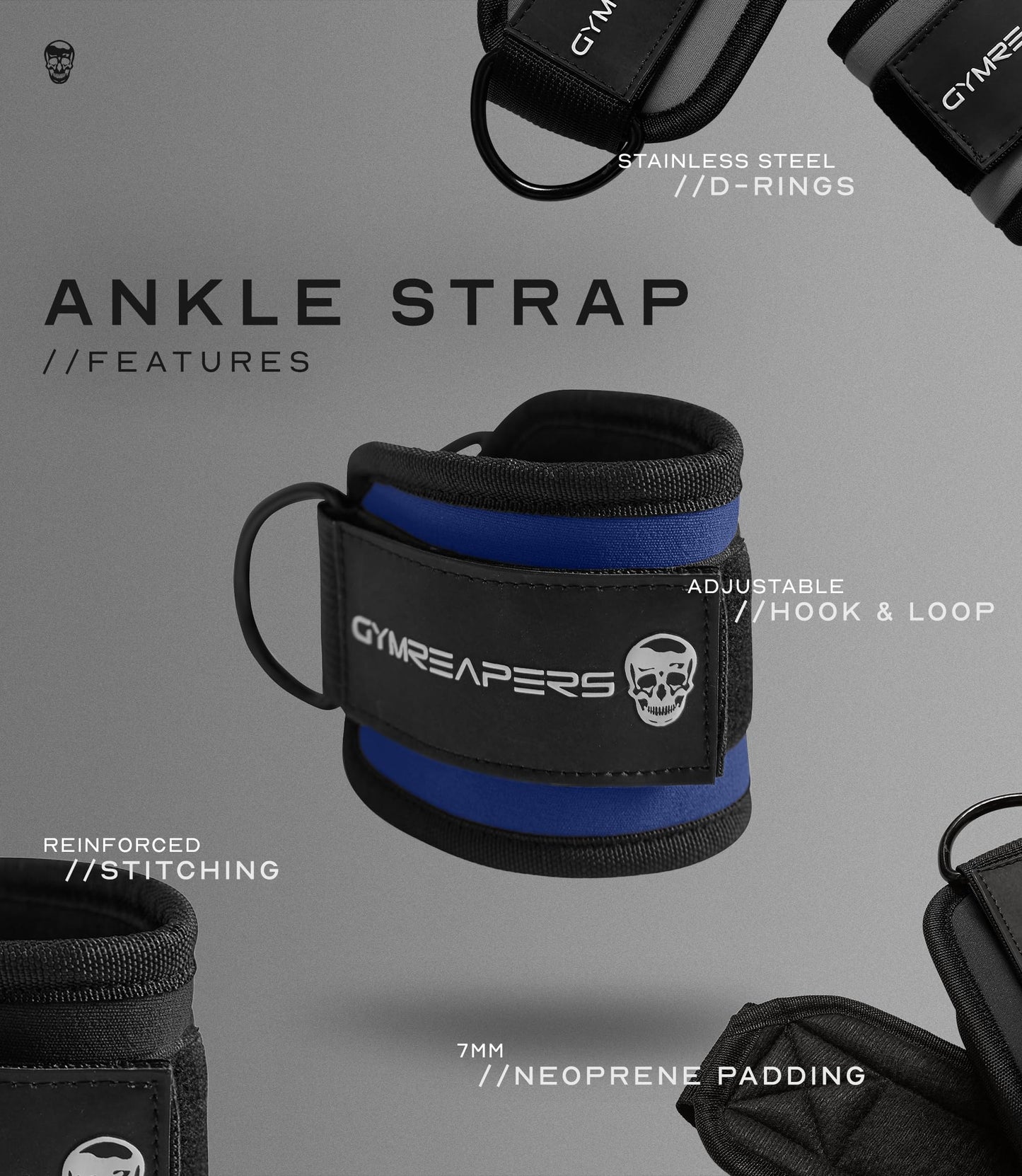 Gymreapers Ankle Strap (Single) For Cable Machine Kickbacks, Glute Workouts, Lower Body Exercises - Adjustable Leg Strap with Neoprene Padding (Cobalt, Single)