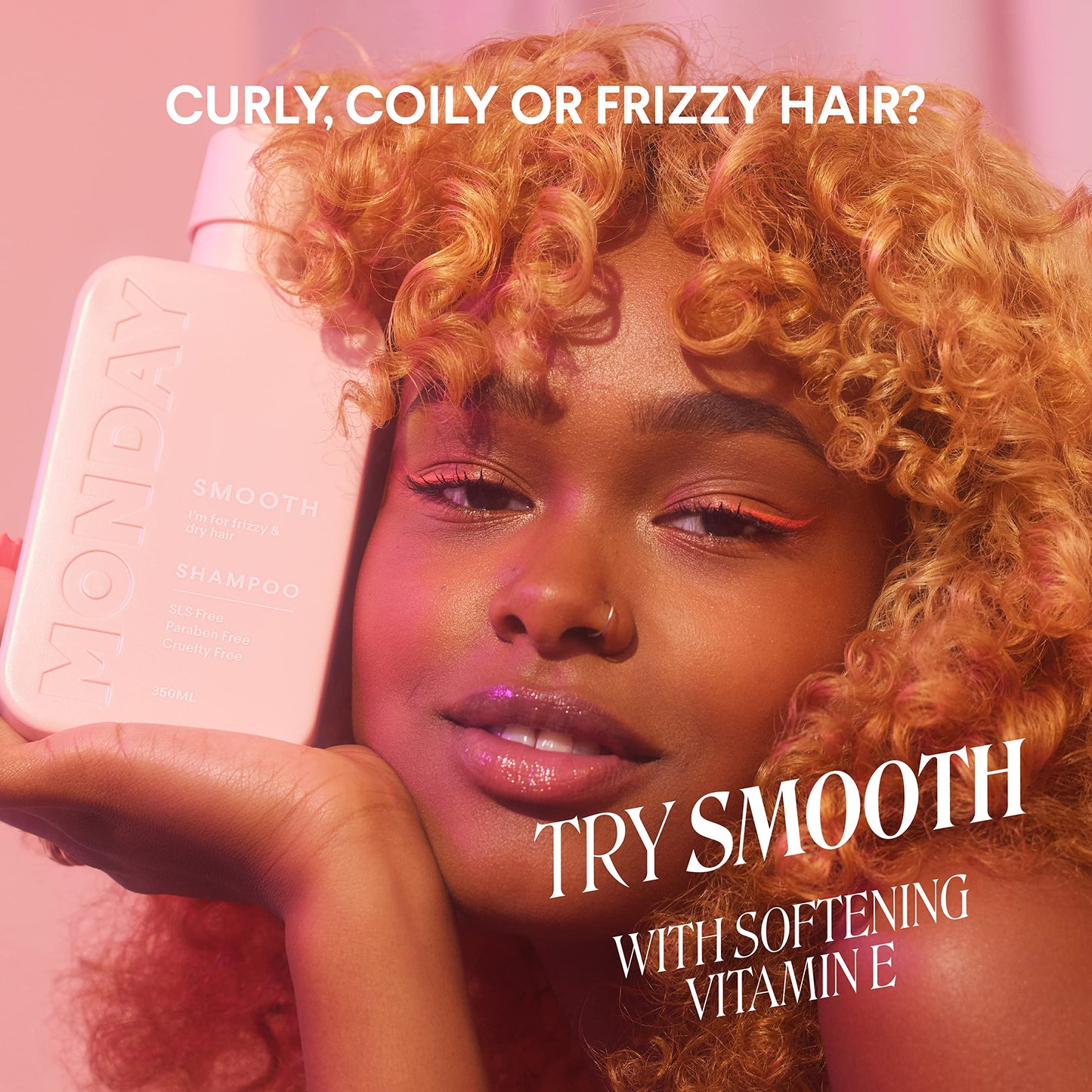 MONDAY HAIRCARE Smooth Shampoo + Conditioner Bathroom Set (2 Pack) 12oz Each for Frizzy, Coarse, and Curly Hair, Made from Coconut Oil, Shea Butter, & Vitamin E, 100% Recyclable Bottles, Pink