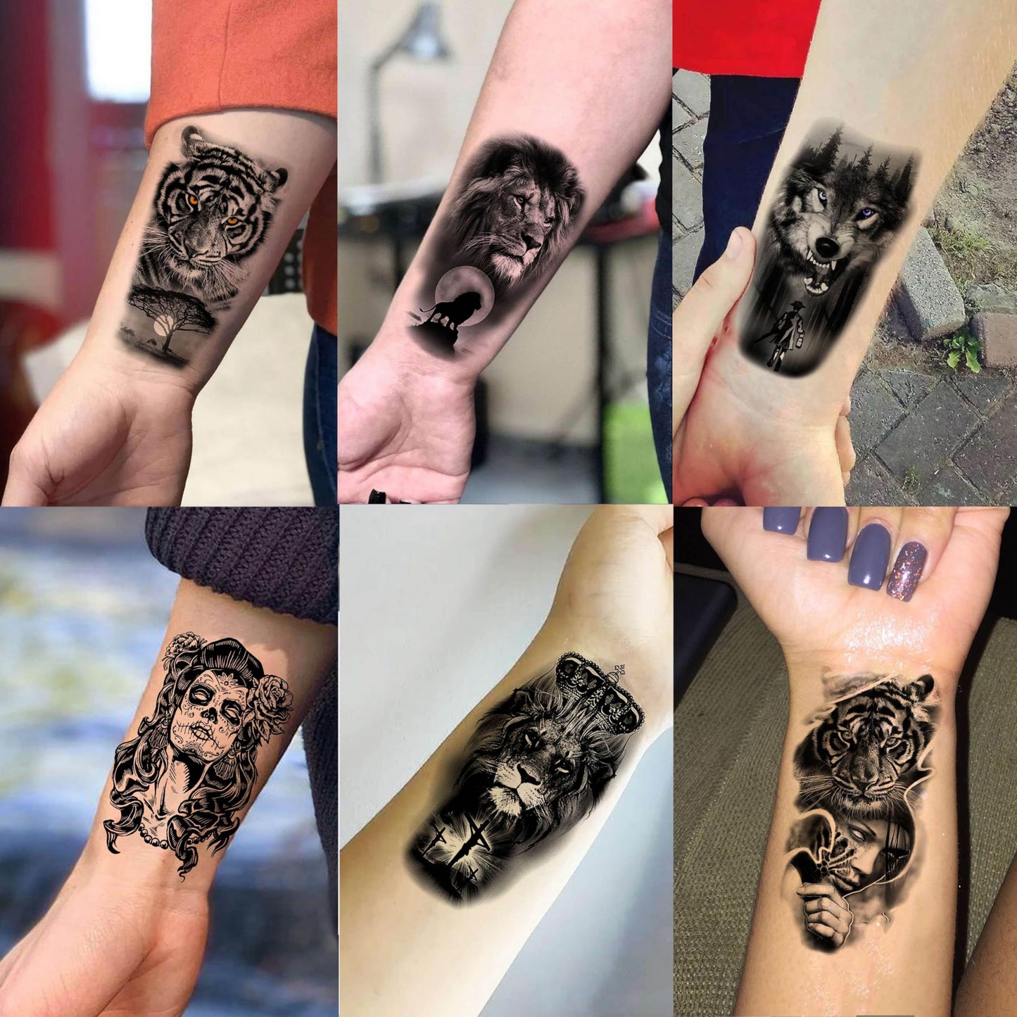 60 Sheets 3D Cool Lion Tiger Temporary Tattoos For Men Women Arm Finger Hands, Small Scary Devil Skull Skeleton Fake Tattoos For Adult Teens Halloween, Black Wolf Dragon Realistic Tatoo Sticker