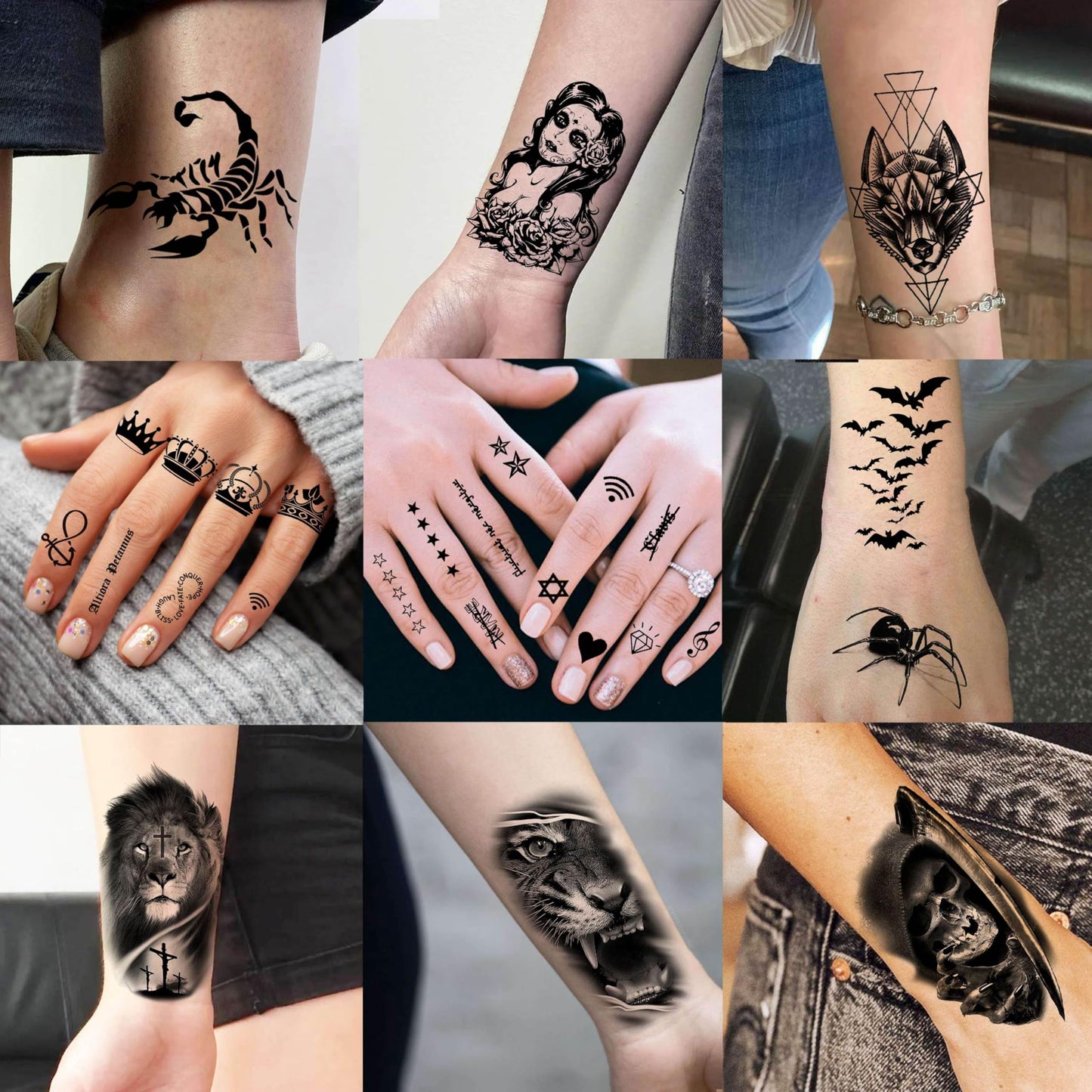 60 Sheets 3D Cool Lion Tiger Temporary Tattoos For Men Women Arm Finger Hands, Small Scary Devil Skull Skeleton Fake Tattoos For Adult Teens Halloween, Black Wolf Dragon Realistic Tatoo Sticker