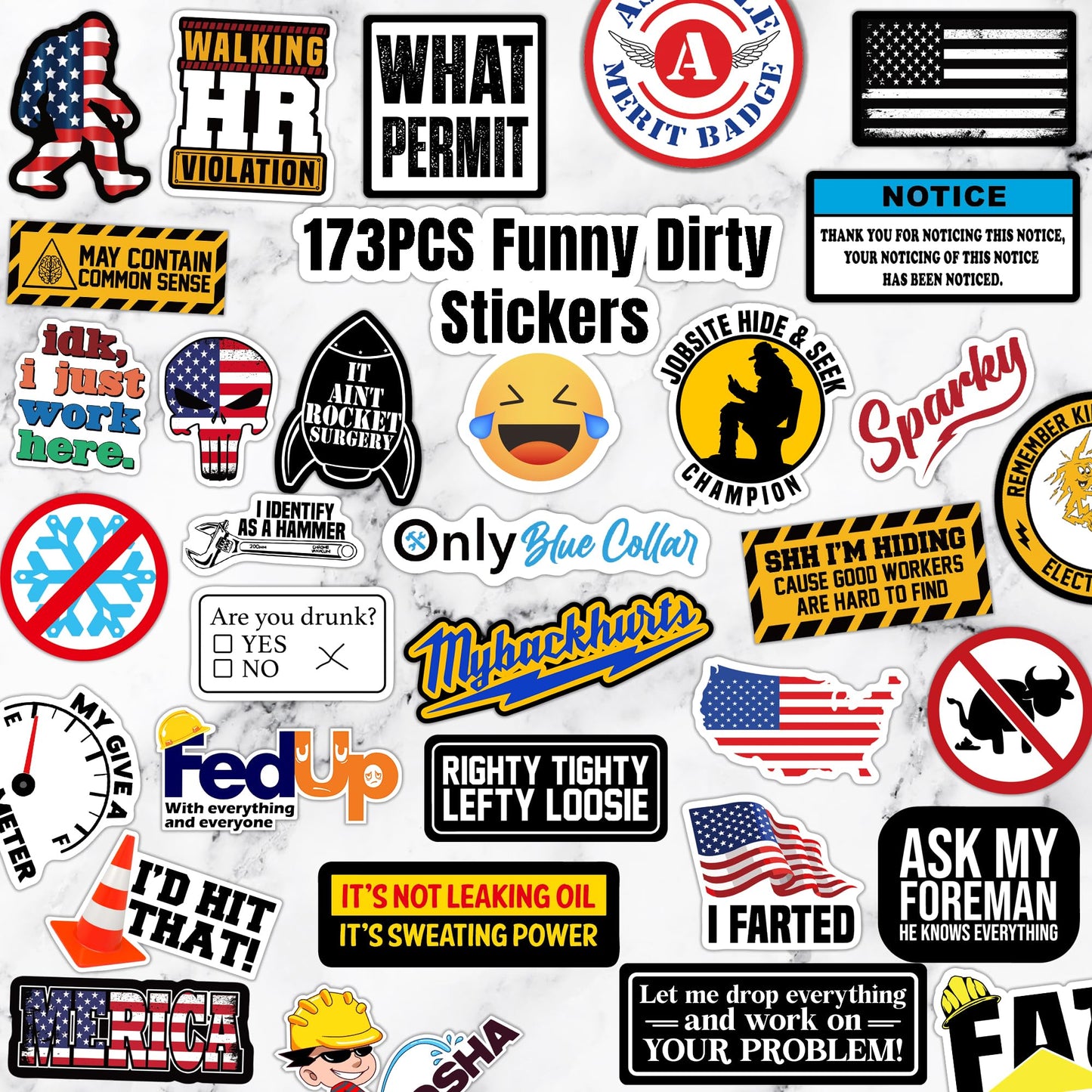 173 PCS Hard Hat Stickers for Adults - Funny (Dirty) for Water Bottle, Laptop, Helmet, Cars, Tool Box, Cars - Blue Collar Stickers for Men, Waterproof