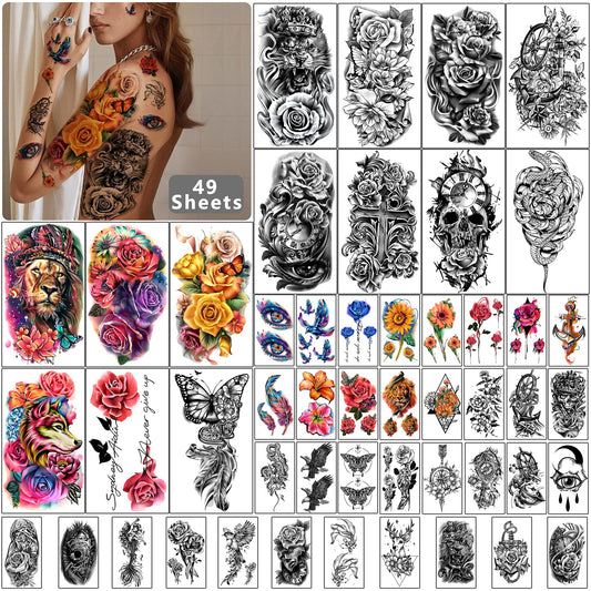 Yazhiji 49 sheets Large Flowers Skull Waterproof Temporary Tattoos for Women and Girls, Realistic Tiger Wolf Bird Temporary Fake Tattoo for Kids or Adults