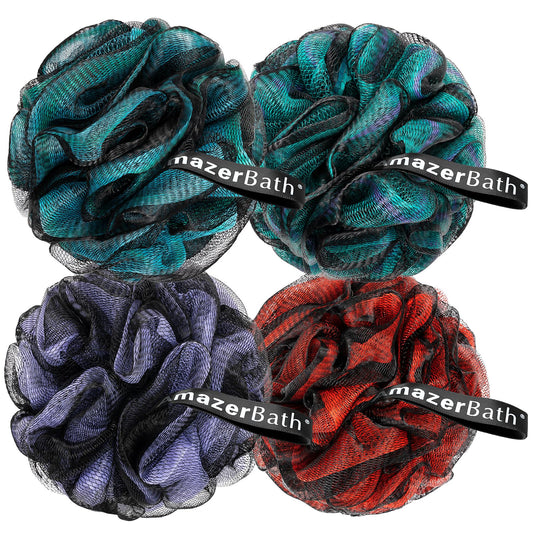 AmazerBath Charcoal Loofah Sponge, Shower Loofah 60g/PCS - Body Scrubber Loofa Set of 4 - Charcoal Blue, Green, Purple & Red, Bath Sponge for Men and Women