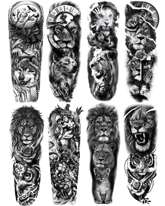 PADOUN Animal Temporary Tattoo Sleeve, 8-Sheet Large Temporary Tattoos Women Full Sleeve Temporary Tattoos, Wolf Lion Tiger Tattoos for Adults Men Waterproof Black