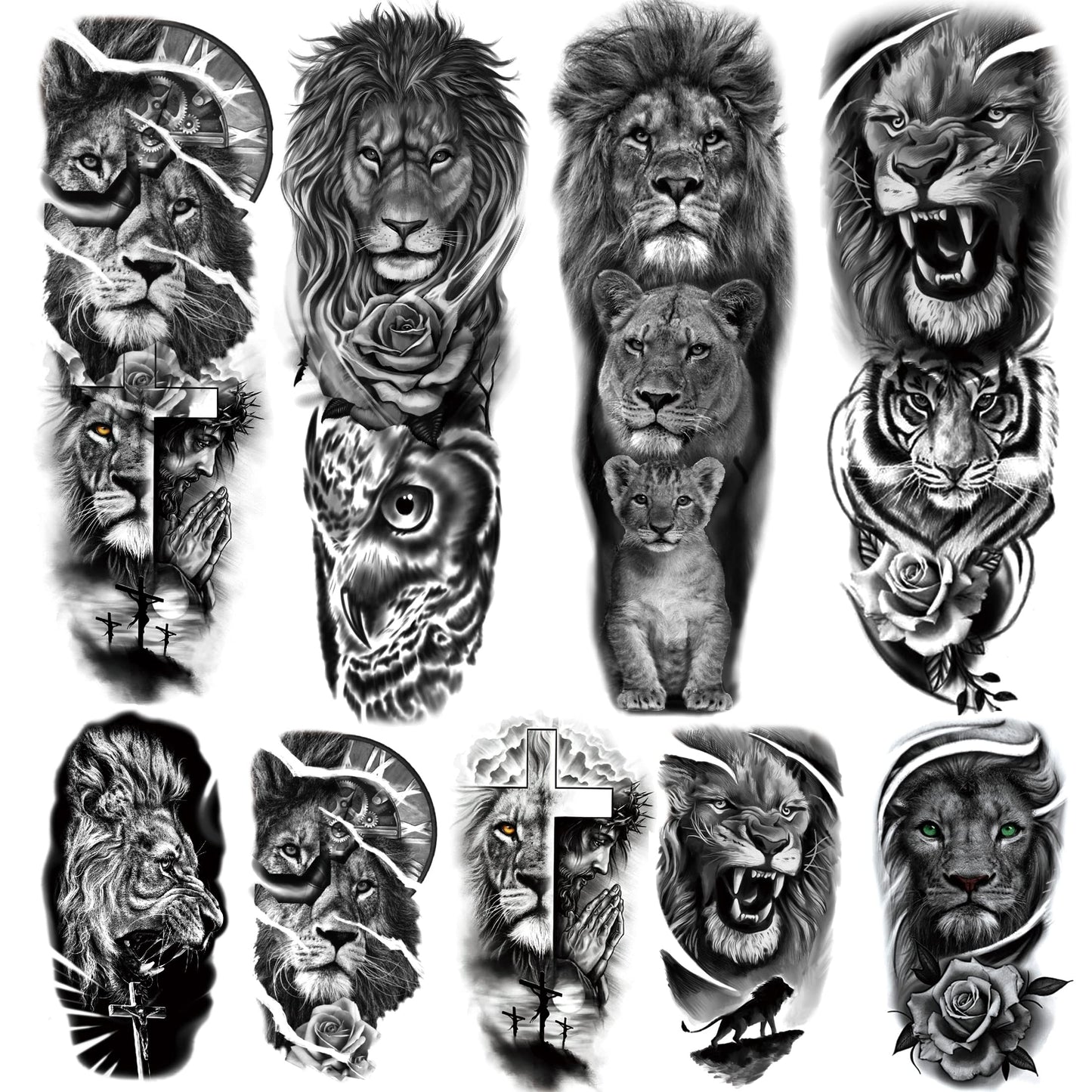 Kotbs Lion Tattoo Stickers, 4-Sheet Full Sleeve Tattoo Big Tattoos Temporary, 5-Sheet Half Full Arm Temporary Tattoo for Adult Kids Women Makeup