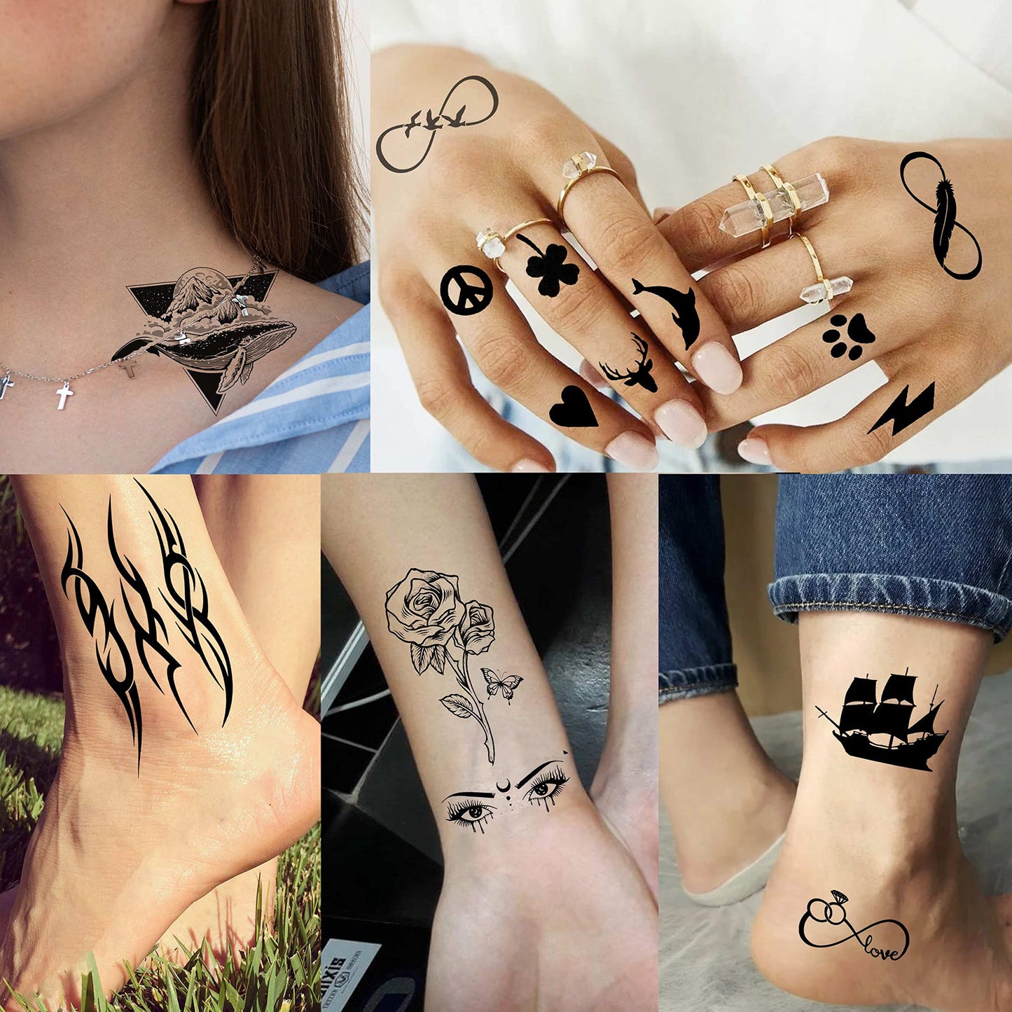 FANRUI Lot de 52 tatouages ​​temporaires noirs créatifs en forme de petite couronne, triangle infini, pour hommes et femmes, étoiles réalistes, lettres, tatouages ​​pour enfants, tatouages ​​temporaires, imperméables, pour bras, main, visage, doigts, cou