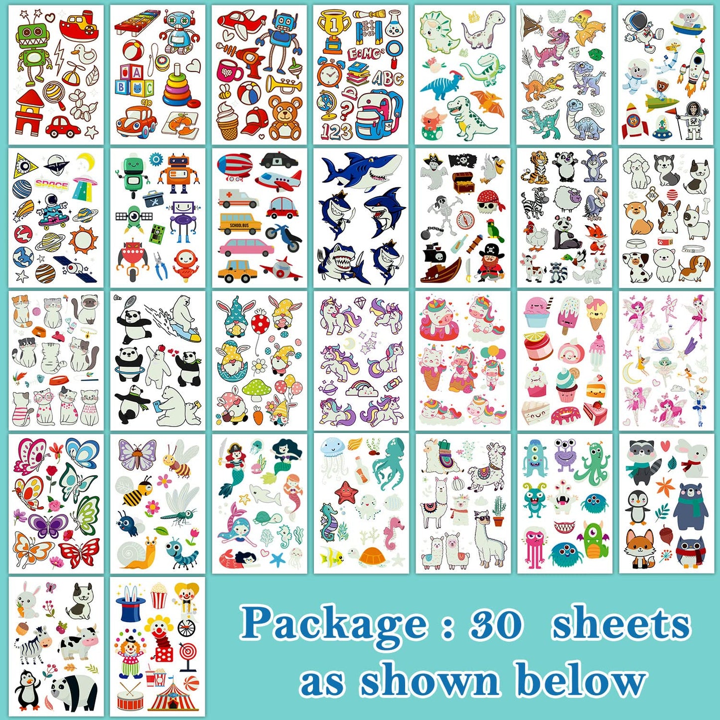 Partywind 380 Styles (30 Sheets) Luminous Tattoos for Kids, Mixed Styles Temporary Tattoos Stickers with Mermaid/Dinosaur/Space/Pirate for Boys and Girls, Glow Party Supplies