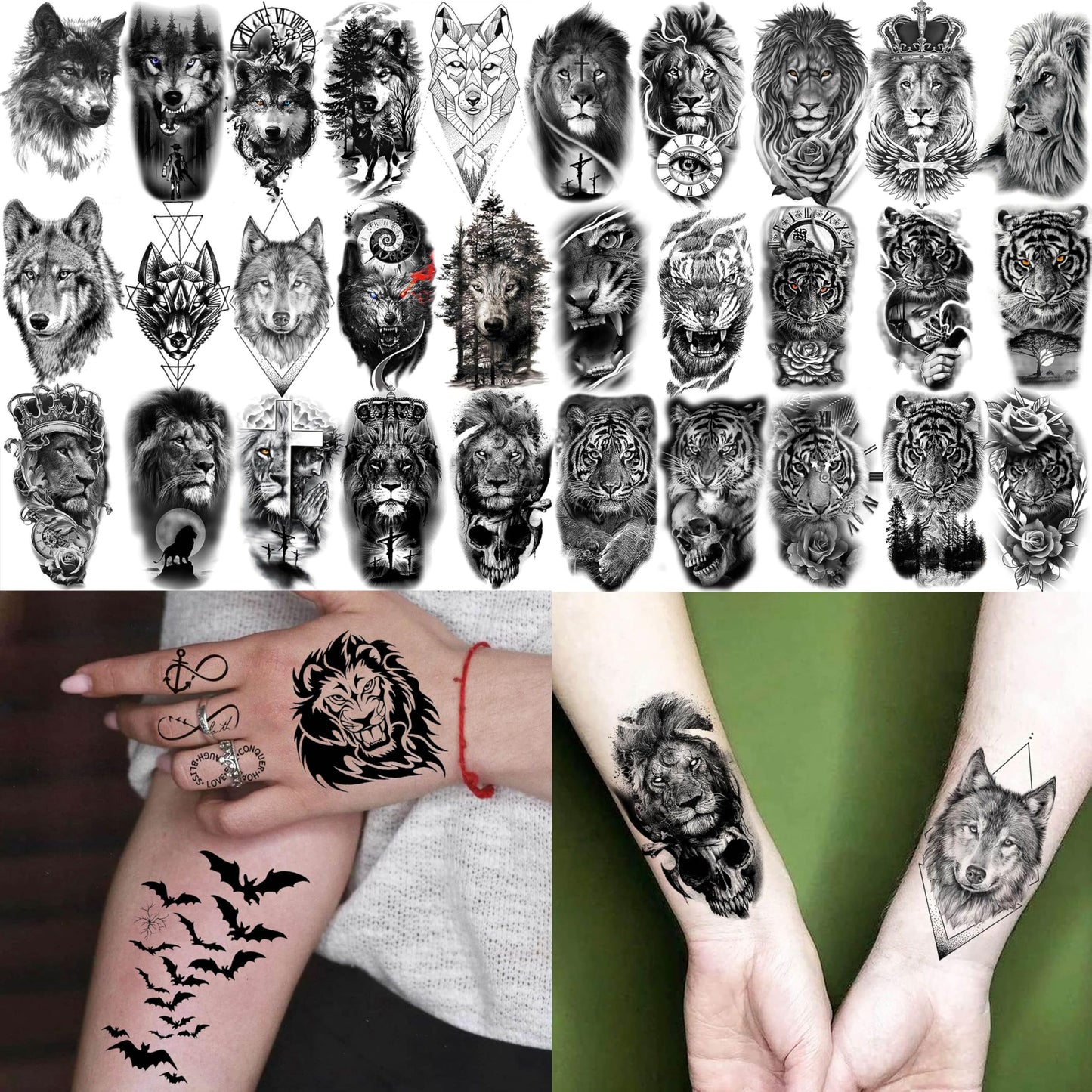 60 Sheets 3D Cool Lion Tiger Temporary Tattoos For Men Women Arm Finger Hands, Small Scary Devil Skull Skeleton Fake Tattoos For Adult Teens Halloween, Black Wolf Dragon Realistic Tatoo Sticker