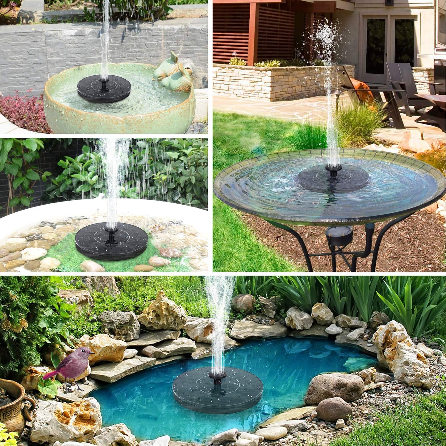 Pompe de fontaine solaire pour bain d'oiseaux Mademax 1 W, fontaine solaire avec 6 buses, pompe de fontaine à eau flottante autonome à énergie solaire pour bain d'oiseaux, jardin, étang, piscine, extérieur