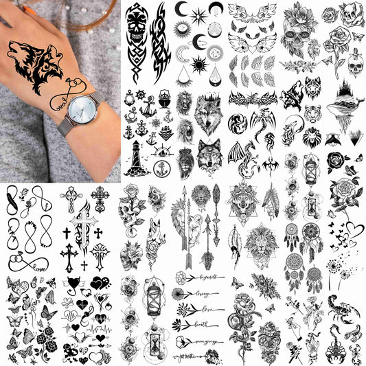 FANRUI Lot de 52 tatouages ​​temporaires noirs créatifs en forme de petite couronne, triangle infini, pour hommes et femmes, étoiles réalistes, lettres, tatouages ​​pour enfants, tatouages ​​temporaires, imperméables, pour bras, main, visage, doigts, cou