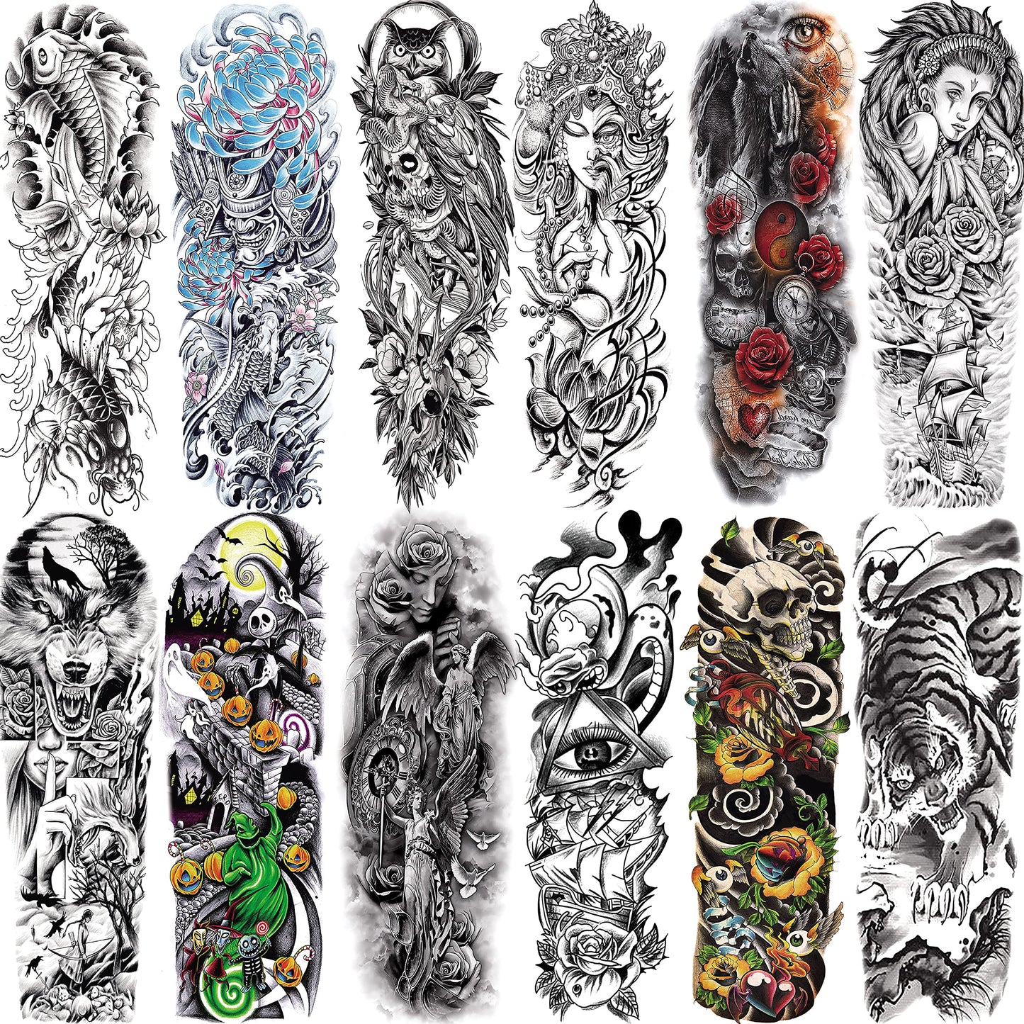 Aresvns Cool Sleeve Tattoo Temporary, 12Pcs Halloween Full Arm Fake Tattoos for adults, Large Fake Tattoos That Look Real