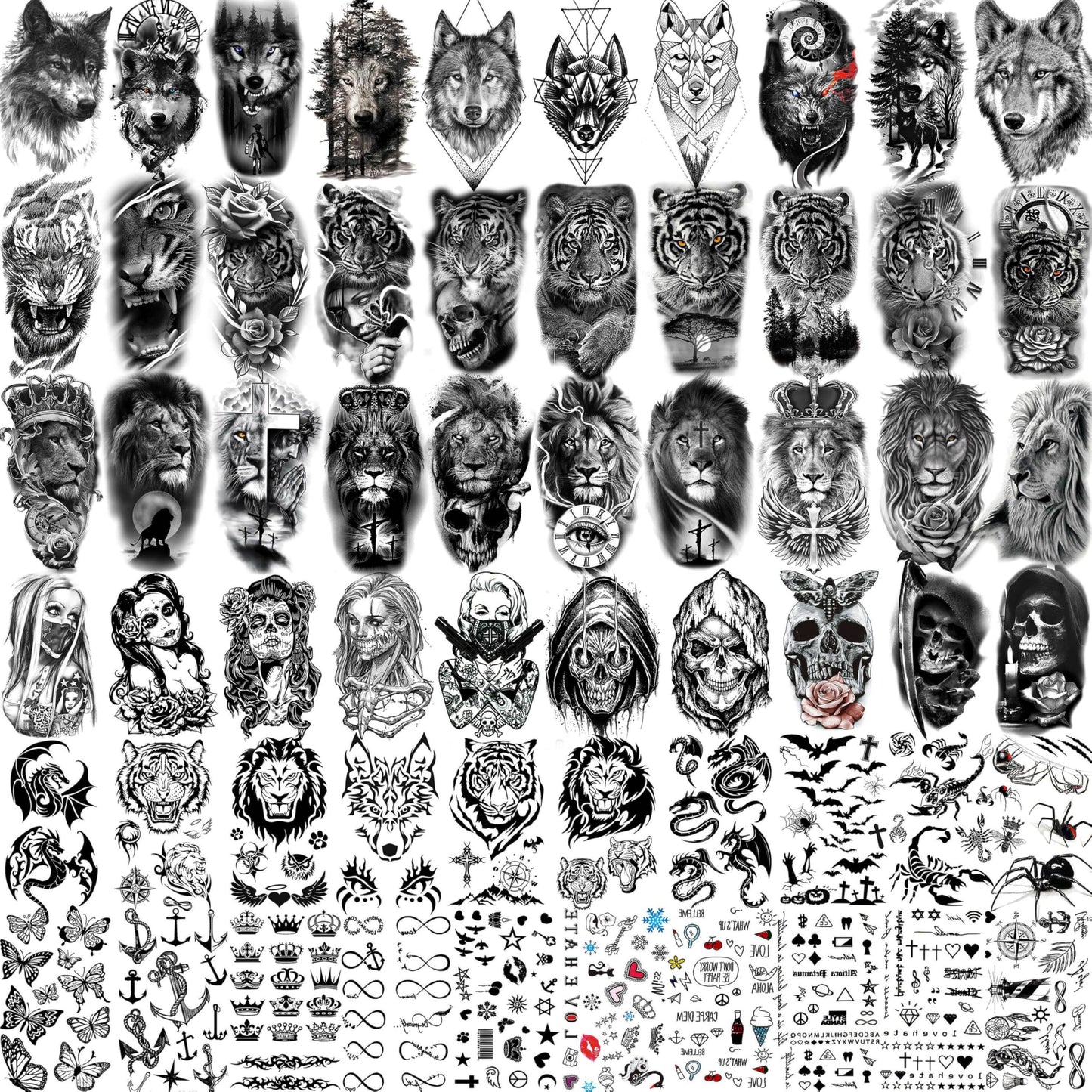 60 Sheets 3D Cool Lion Tiger Temporary Tattoos For Men Women Arm Finger Hands, Small Scary Devil Skull Skeleton Fake Tattoos For Adult Teens Halloween, Black Wolf Dragon Realistic Tatoo Sticker