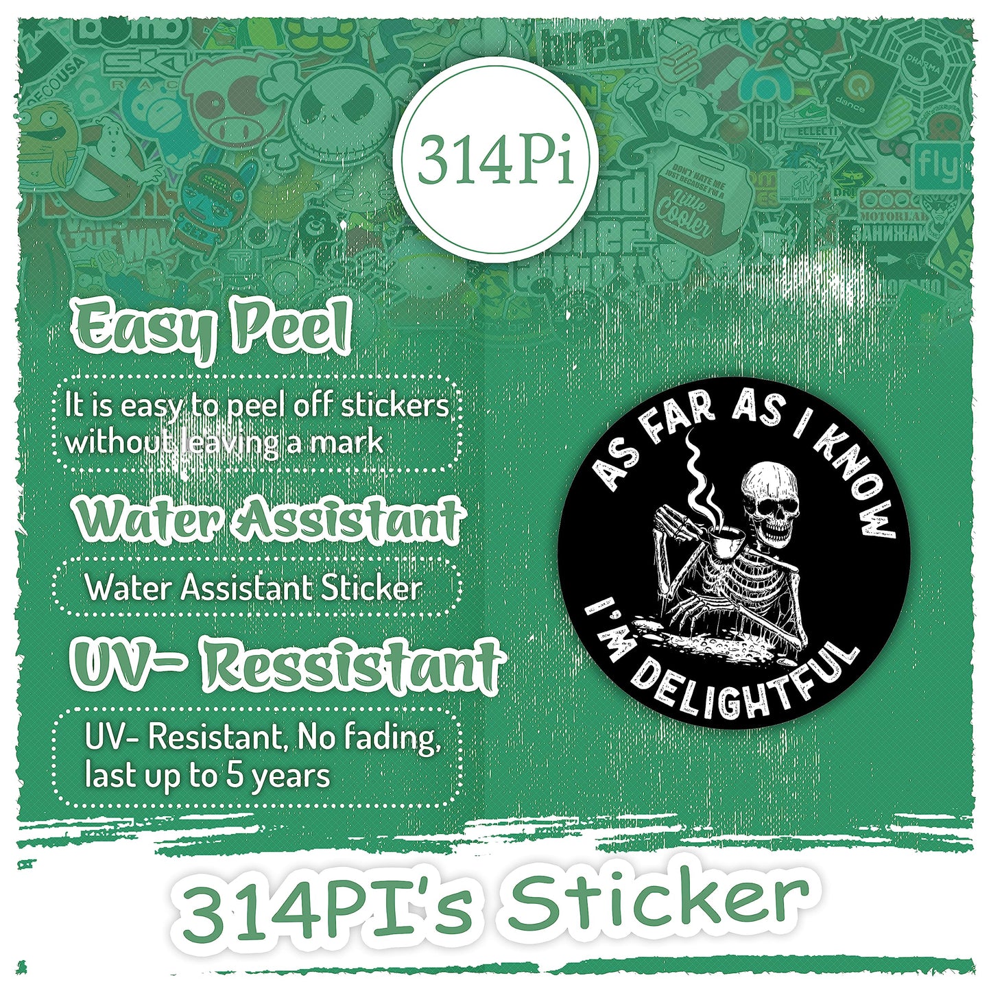 314PI (3pcs) As Far As I Know I'm Delightful, Funny Skeleton Stickers, Mental Health Awareness Stickers, Water Assistant Die Cut Sticker for Laptop Phone Water Bottle Skateboard, Mental Health