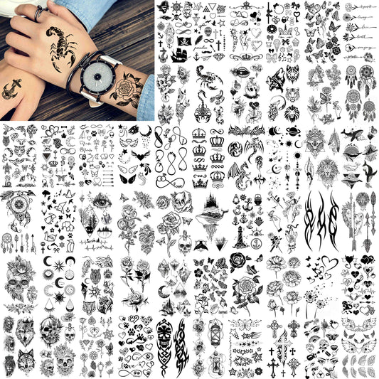 FANRUI Lot de 52 tatouages ​​temporaires noirs créatifs en forme de petite couronne, triangle infini, pour hommes et femmes, étoiles réalistes, lettres, tatouages ​​pour enfants, tatouages ​​temporaires, imperméables, pour bras, main, visage, doigts, cou