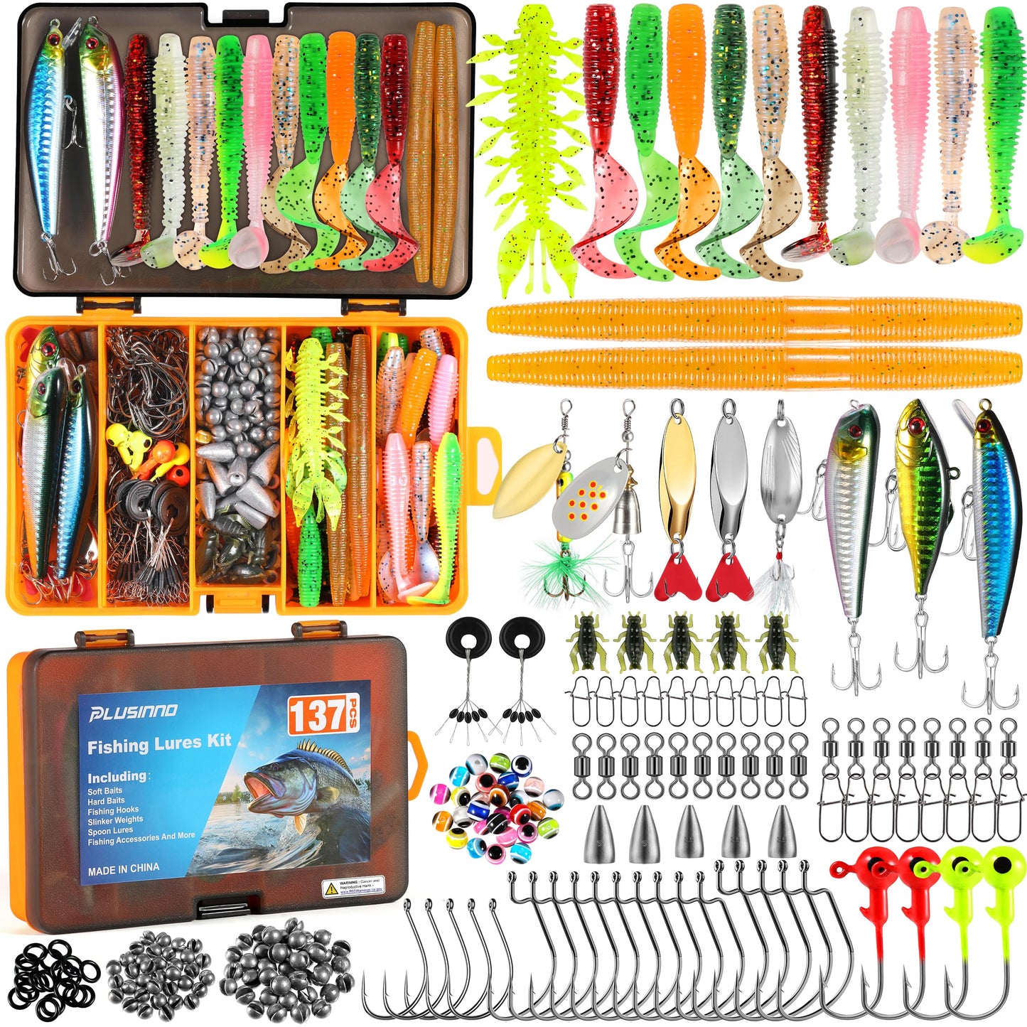 PLUSINNO Señuelos de pesca, caja de aparejos de 137 piezas con aparejos incluidos, crankbaits, cuchara, anzuelos, pesas y otros accesorios, kit de equipo de señuelo de cebo de pesca, regalo para hombres, lubina de agua dulce