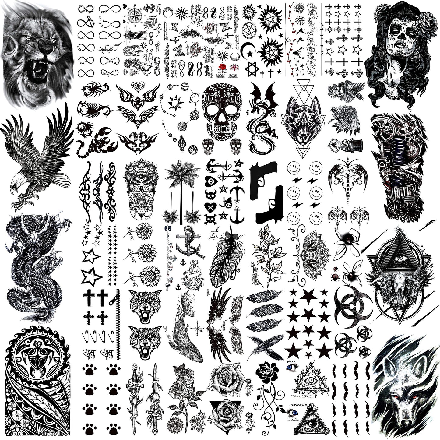 VANTATY 50 Sheets Black Temporary Tattoos For Men Adults Ealge Dragon Lion Wolf Animals For Women Neck Arm Thigh, Fake Small Skull Tattoo Sticker For Kids Children Boys Girls Tatoos