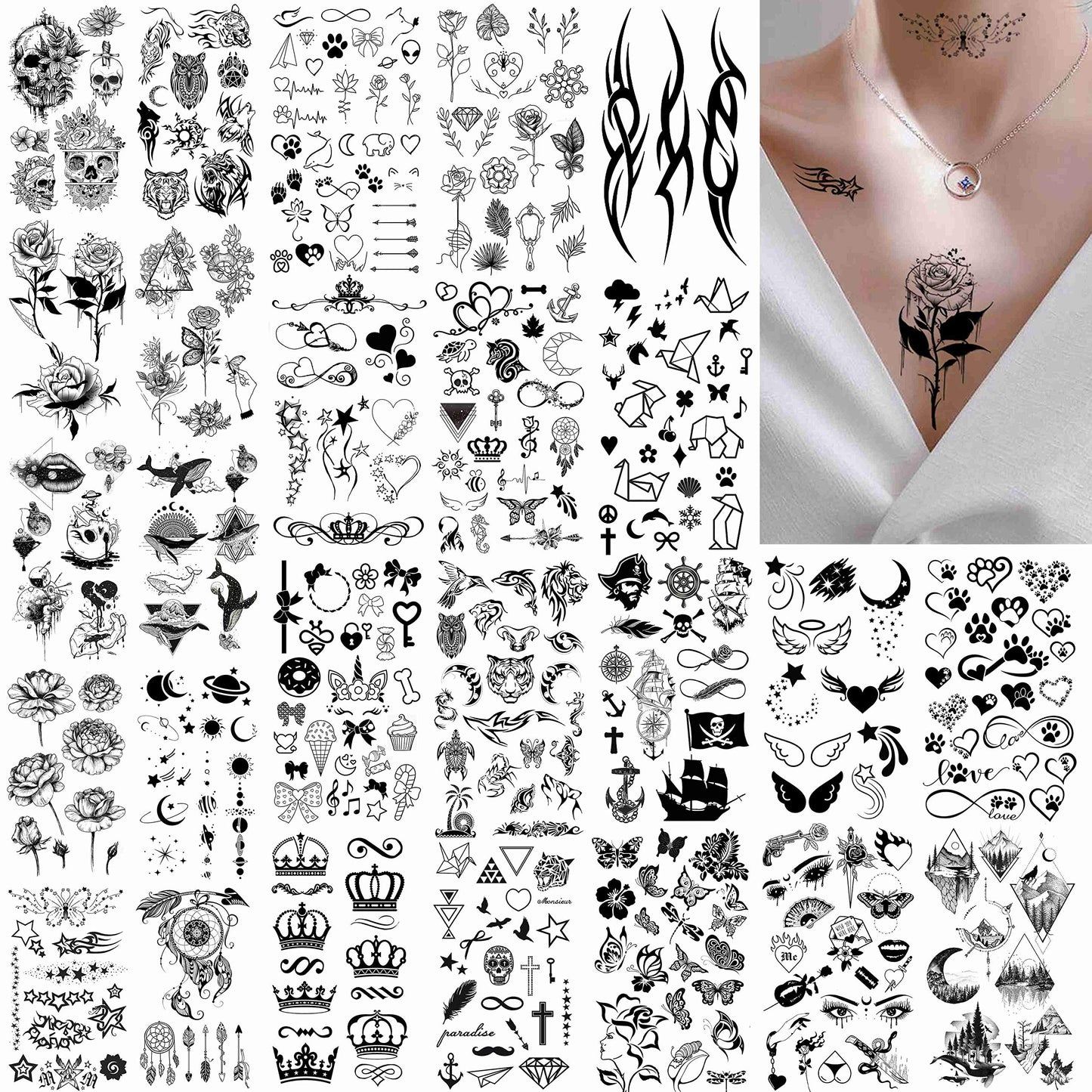 FANRUI Lot de 52 tatouages ​​temporaires noirs créatifs en forme de petite couronne, triangle infini, pour hommes et femmes, étoiles réalistes, lettres, tatouages ​​pour enfants, tatouages ​​temporaires, imperméables, pour bras, main, visage, doigts, cou